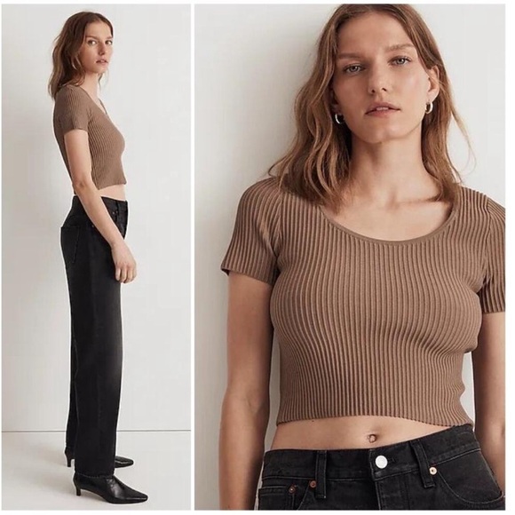 Madewell Ottoman Crop Sweater NL209 Umber Brown Ribbed Fitted - Picture 9 of 9